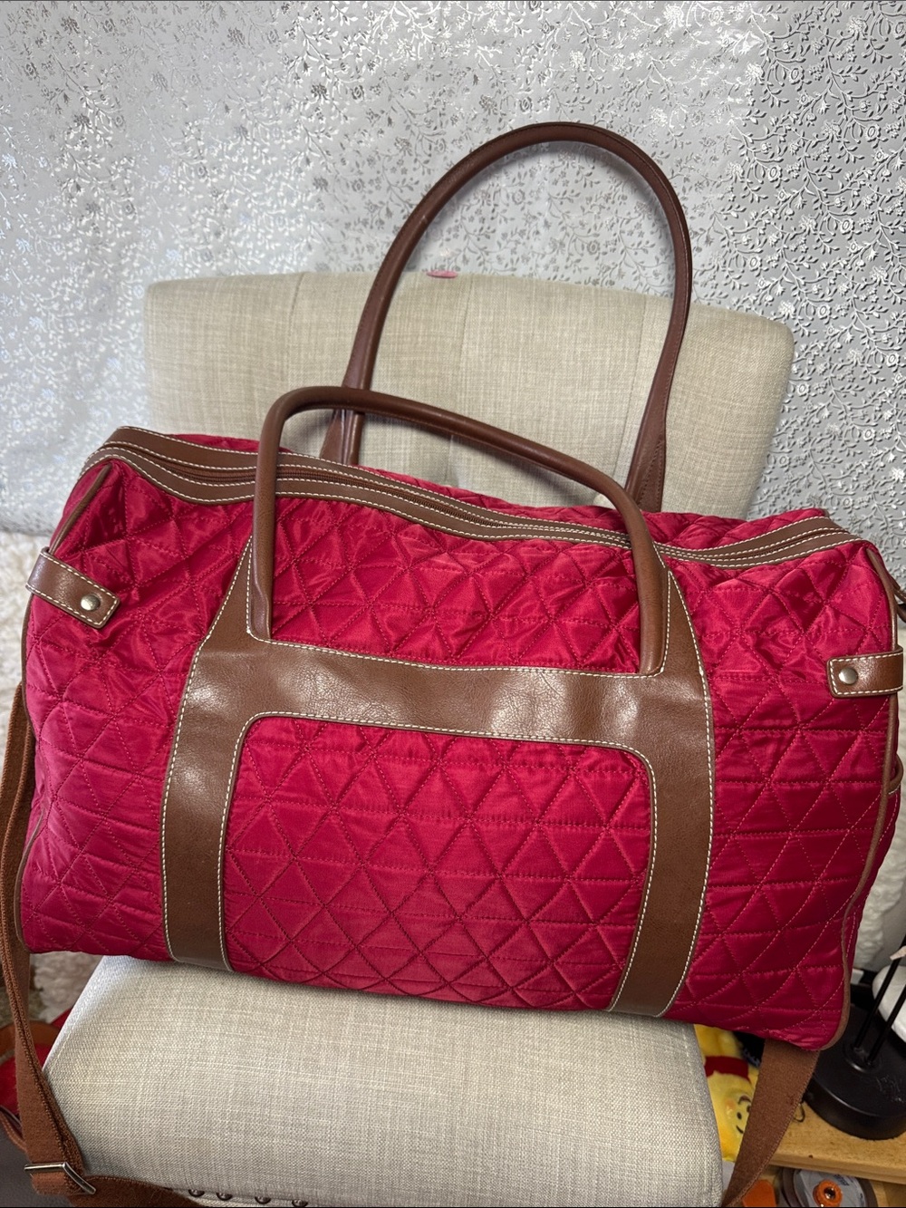 LOFT Quilted Red Travel Tote with Brown Trim